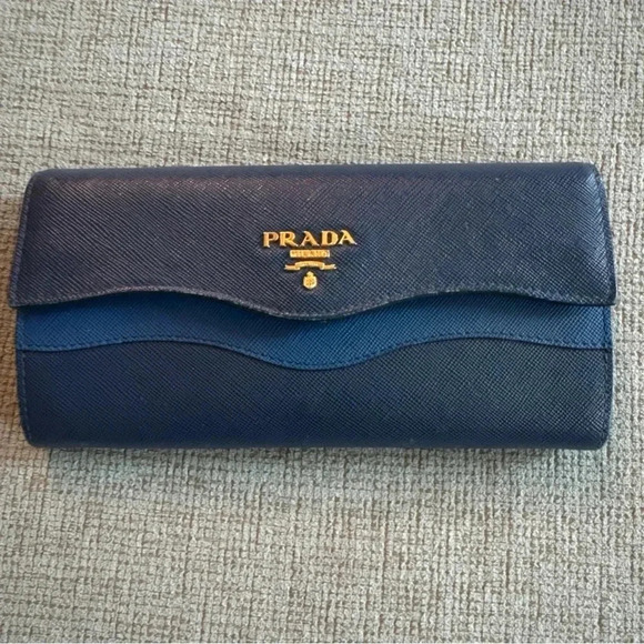 PRADA Saffiano Wave Continental Flap Wallet Bluette & Azzurro - Picture 1 of 15